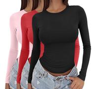 Kleidung Damen,Pack of 3 Basic Long Sleeve Shirt Women's Y2K Top Slim Fit Tight Black White Crew Neck Undershirt Elegant Sexy Tops Cropped Casual Going Out Athletic Top Teenager Streetwear