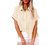 Kleidung Damen Sommer, Leinenbluse Damen Oversized Leinen Hemd Baumwolle Leinenhemd Mit Knopfleiste Oberteile Langarm Revers Bluse Einfarbig Tops Mit Brusttasche Basic Unterhemd, S-XXL, Khaki, XL