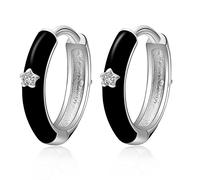 Klein Mini Schwarz Creolen Ohrringes Damen - Qings Silber Sterling 925 Emaille Bunte Creolen mit Tiny Sterne für Frauen Mädchen