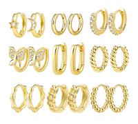 Kleine Creolen Ohrringe Gold Set, 9 Paar 14k Echt Vergoldete für Damen, Hypoallergen Multipack ZirkoniaTwist Quadrat Stern Mond Klobig Huggies Kreolen Piercing