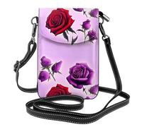 Kleine Handy-Geldbörse, 19,3 x 12,4 cm, YYHWHJDE rote und violette Rosenmuster, modisch, praktisch, multifunktional, Leder, Crossbody-Klappe, Handytasche für Damen