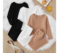 Kleine Jungen 3 Sets Schlafanzüge, neue einfarbige Baumwoll-Strick-Rundhals-Langarm & Lange Hose 6-teilige Sets, 1. Set in Schwarz, 2. Set in Weiß, 3.