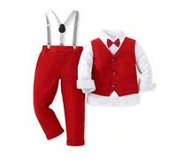 Kleine Jungen 3-teiliges Herren-Outfit, bestehend aus einem knackig weißen Hemd mit Kragen, einer burgunderfarbenen Weste und verstellbaren gestreifte