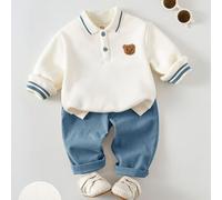 Kleine Jungen Cartoon Bär Patch Langarm Poloshirt und lange Hose Lässig Set