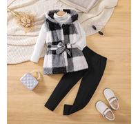 Kleine Mädchen 1 Stück Teddy Weste mit Kapuze und Gürtel im Buffalo Plaid Print & 1 Stück Leggings & 1 Stück T-Shirt
