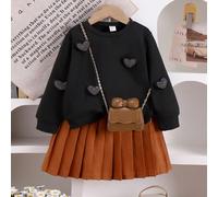 Kleine Mädchen 2-teiliges Set aus Sweatshirt und Rock, langärmligem Rundhalspullover mit 3D-Herzdekor und Faltenrock, Frühling/Herbst