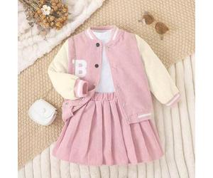 Kleine Mädchen 2-teiliges Set im amerikanischen Stil, Baseballjacke und Cord-Minirock, lässig für Herbst/Winter