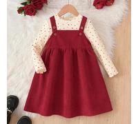 Kleine Mädchen 2-teiliges Set mit Herzmuster: Langarm Sweatshirt und burgunderrotes Cord-Latzkleid für Herbst und Winter, ideal für Weihnachten.