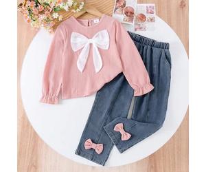 Kleine Mädchen 2-teiliges Set mit süßem Langarmshirt mit Schleife und langen Jeanshosen, Frühling & Herbst
