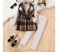 Kleine Mädchen 3 Stücke Set: karierte Jacke ohne Ärmel mit Kragen, einfarbiger Langarm-Shirt mit Stehkragen, Hose, lässiger Anzug für den Herbst