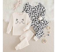 Kleine Mädchen 4 Stücke Cartoon Tier Muster Strick Rundhals Kurzarm Top und Leggings mit elastischem Bund, eng anliegender Pyjama-Set