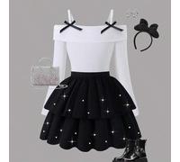 Kleine Mädchen Ärmellos Off-Shoulder Langarm Schleife Gerade Top & Perlen Gerade Rock Anzug, Elegante Damen Mode vielseitiger Outfit