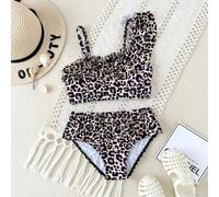 Kleine Mädchen Blau & Weiß gestreifte Bikini Sets, süßer asymmetrischer Rüschen-Schulter Bikini mit verstellbaren Trägern, 2-teiliges Rüschen-Dreieck