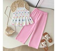 Kleine Mädchen Blau & Weiß kariertes Blume Muster ärmelloses Top und passende Hose 2 Stücke Set, taillierter Schnitt geeignet für Ausflüge, Casual, Sp