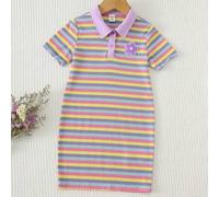 Kleine Mädchen Cartoon Blume Muster gestreifter Kragen Kurzarm Halbplakette Pulloverkleid
