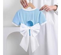 Kleine Mädchen Einfarbig Gestrickt Figurbetont Kurzes Rückenfrei T-Shirt mit Organza Oversized Schleife Dekor, Modisch Französisch Elegant, Schulanfan