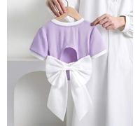 Kleine Mädchen Einfarbig Gestrickt Figurbetont Kurzes Rückenfrei T-Shirt mit Organza Oversized Schleife Dekor, Modisch Französisch Elegant, Schulanfan