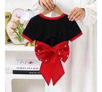 Kleine Mädchen Einfarbig Gestrickt Figurbetont Kurzes Rückenfrei T-Shirt mit Organza Oversized Schleife Dekor, Modisch Französisch Elegant, Schulanfan