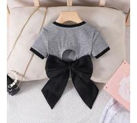 Kleine Mädchen Einfarbig Gestrickt Figurbetont Kurzes Rückenfrei T-Shirt mit Organza Oversized Schleife Dekor, Modisch Französisch Elegant, Y2K, Süß &