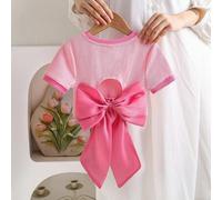 Kleine Mädchen Einfarbig Gestrickt Figurbetont Kurzes Rückenfrei T-Shirt mit Organza Oversized Schleife Dekor, Modisch Französisch Elegant, Schulanfan