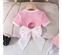 Kleine Mädchen Einfarbig Gestrickt Figurbetont Kurzes Rückenfrei T-Shirt mit Organza Oversized Schleife Dekor, Modisch Französisch Elegant, Schulanfan