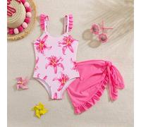 Kleine Mädchen Einteiler Badeanzug mit Blume Muster, Kurzarm, mit Cover-Up und Rock, rosa Badeanzug, Blumen Strandmode, Badeanzüge mit Rüschen, Eintei