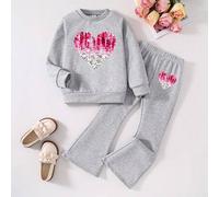 Kleine Mädchen Herz-Muster Rundhals Sweatshirt und ausgestellte Hose Freizeitanzug