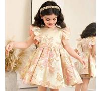 Kleine Mädchen Jerseykleid mit Stehkragen, gerüschtem Saum und enganliegender Passform im Jacquard-Gewebe, Lässig-Stil