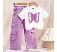 Kleine Mädchen Lässig Figurbetontes Kurzarm Rundhals T-Shirt mit süßem 3D Schmetterling gesticktem Jeans Patch Design, Mädchen Relaxed Fit gewaschene