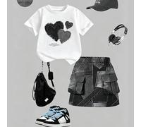 Kleine Mädchen Lässig Mode Herz Minimalistisches Muster Kurzarm Rundhals T-Shirt mit Patchwork Cargo Shorts Set, Sommer Essential, Bequemes & Stilvoll