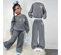Kleine Mädchen Lässig Set aus Herz-Muster Strick Sweatshirt mit weitem Ausschnitt und Langarm sowie weite Jogginghose, Drop-Shoulder