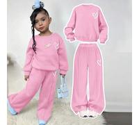 Kleine Mädchen Lässig Set aus Herz-Muster Strick-Sweatshirt mit weitem Ausschnitt und Langarm sowie weite Jogginghose, Drop-Shoulder