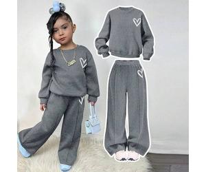 Kleine Mädchen Lässig Set aus Herz-Muster Strick Sweatshirt mit weitem Ausschnitt und Langarm sowie weite Jogginghose, Drop-Shoulder