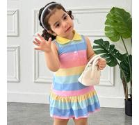 Kleine Mädchen Lässig Zuhause Passform süß niedlich Regenbogen gestreiftes Knopf-Front Kragen-Ärmelloses Patchwork Volant-Saum A-Linie Kleid T-Shirt K