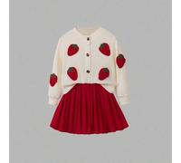 Kleine Mädchen Niedliche Strickjacke mit Erdbeerstickerei und Faltenrock-Set. Dieser Strickpullover verfügt über ein lebendiges Erdbeerstickerei-Desig