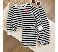 Kleine Mädchen Rostbraun gestreifter Strick-Sweatshirt-Set mit Rundhalsausschnitt und Langarm, Herbst/Winter