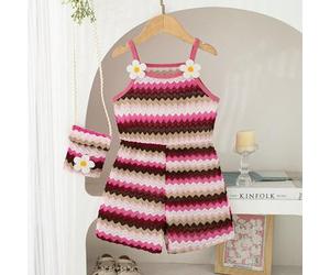 Kleine Mädchen Sommer bunter gehäkelter elastischer welliger gestreifter ärmelloser Jumpsuit mit Blumen Dekor, inklusive Umhängetasche
