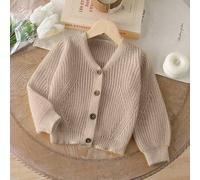 Kleine Mädchen Strickjacken, beige, weiß, hellgelb, apricot, bequem & kreativ gestrickt, minimalistischer V-Ausschnitt, Ballonärmel, gerippte Bündchen