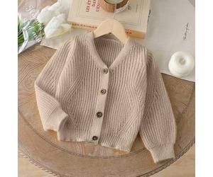 Kleine Mädchen Strickjacken, beige, weiß, hellgelb, apricot, bequem & kreativ gestrickt, minimalistischer V-Ausschnitt, Ballonärmel, gerippte Bündchen
