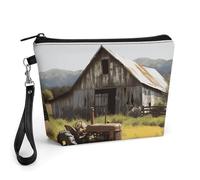 Kleine Make-up-Tasche mit Griff - PU-Leder, alte Holzscheune mit verrostetem Traktor, Kosmetiktasche für Geldbörse, Reisen, Make-Up-Organizer, Kulturbeutel, tragbarer Reißverschluss, Make-up-Tasche