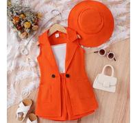 Kleines Mädchen Einfarbig Shorts & Cami Top & doppelten Knopfleisten, Weste Blazer mit & Hut