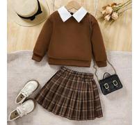 Kleines Mädchen Sweatshirt mit Kontrastkragen, & Plaid Faltenrock