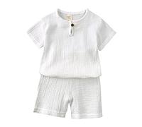 Kleinkind Kinder Baby Junge Mädchen Solide Pullover Kurzarm Baumwolle Leinen Sweatshirt T-Shirt Rundhals Tops Shorts Set Kleidung (White, 2-3 Years)