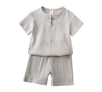 Kleinkind Kinder Baby Junge Mädchen Solide Pullover Kurzarm Baumwolle Leinen Sweatshirt T-Shirt Rundhals Tops Shorts Set Kleidung (Grey, 4-5 Years)
