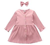 Kleinkind Mädchen Herbst Winter Langarm Geripptes Kleid Kleid Stirnbänder Outfits Kleine Baby Mädchen Outfits (Rosa, 12-18 Monate)