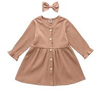 Kleinkind Mädchen Herbst Winter Langarm Geripptes Kleid Kleid Stirnbänder Outfits Kleine Baby Mädchen Outfits (Braun, 18-24 Monate)
