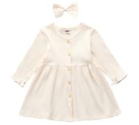 Kleinkind Mädchen Herbst Winter Langarm Geripptes Kleid Kleid Stirnbänder Outfits Kleine Baby Mädchen Outfits (Weiß, 12-18 Monate)