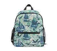 Kleinkind-Rucksack für Jungen und Mädchen, grün-blaue Silhouetten, Vintage, nautisch, kleine Reise-Büchertasche mit Namensschild, Grün-blaue Silhouetten, Vintage, nautisch, 6-8 Years, Niedliche