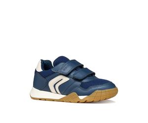 Klettschuh GEOX "J RANN-E BOY", Kinder, Gr. 39, blau, Lederimitat, Textil, Schuhe Klettschuh, Halbschuh mit Kontrastbesatz, Größenschablone zum Download (78419602-39) blau