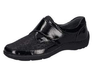 Klettschuh WALDLÄUFER "HENNI-Soft", Damen, Gr. 6,5, schwarz, Lackleder, Nappaleder, Textil, Schuhe Klettschuh, Bequemschuh, Komfortschuh in Lack-Optik, Weite H = sehr weit (74064451-6,5) schwarz